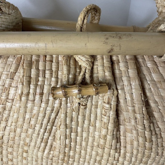 VTG Boho Mid-century Natural Straw Raffia Bag Tote Bamboo Accent Summer Beach - Picture 10 of 16